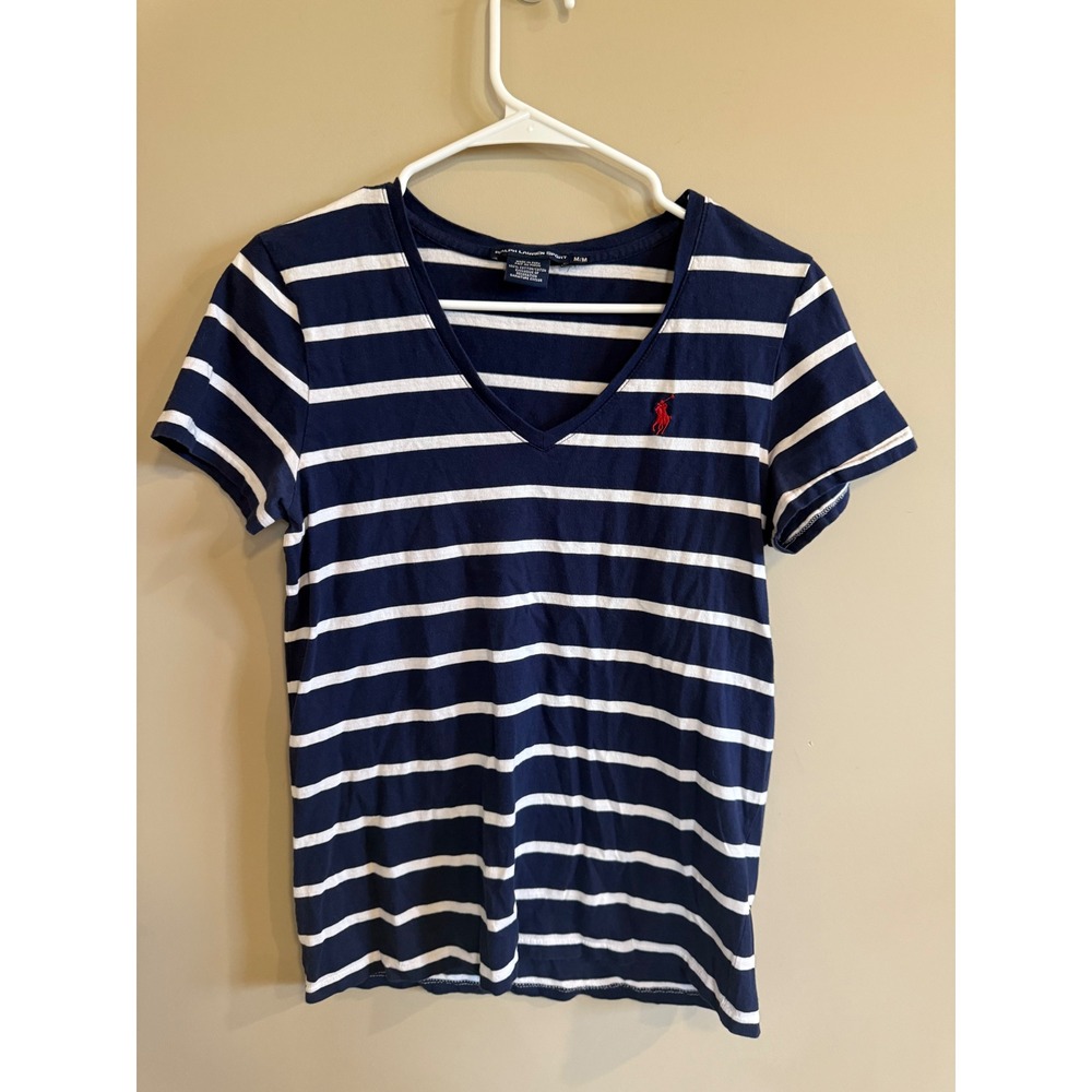 Ralph Lauren Sport Women Navy White Striped V Neck T Shirt Size M